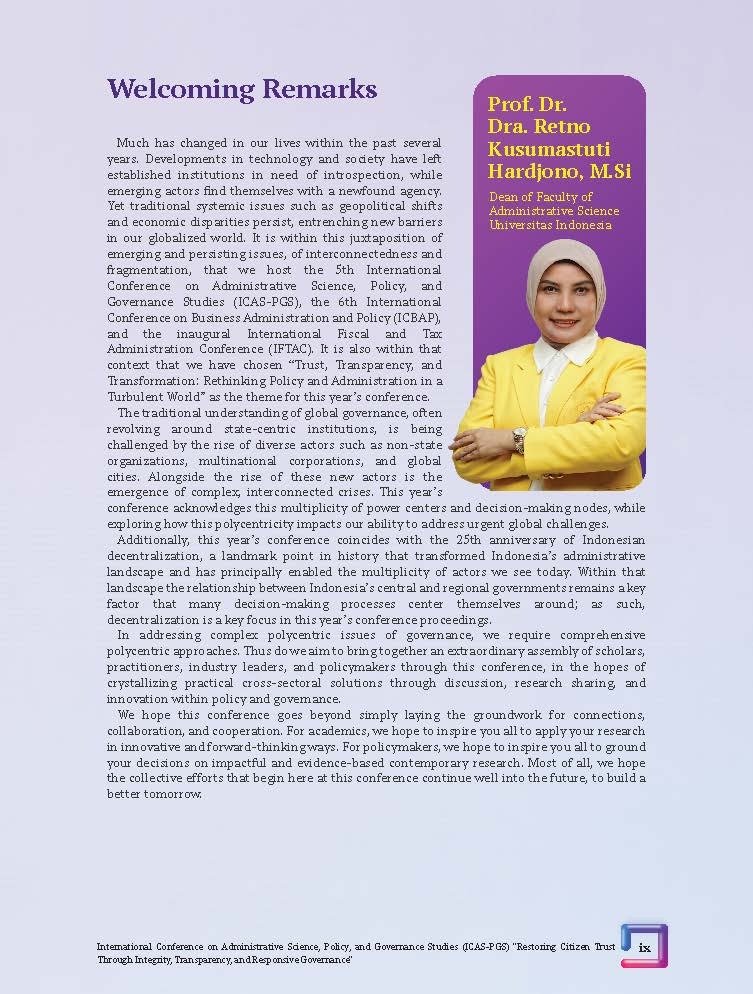 International Conference on Administrative Science, Policy, and Governance Studies (ICAS-PGS) "Restoring Citizen Trust Through Integrity, Transparency, and Responsive Governance" - Gambar 23